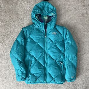 North Face Down Puffer Jacket Girls Large 14-16 Green Reversible 550 Hood Plaid